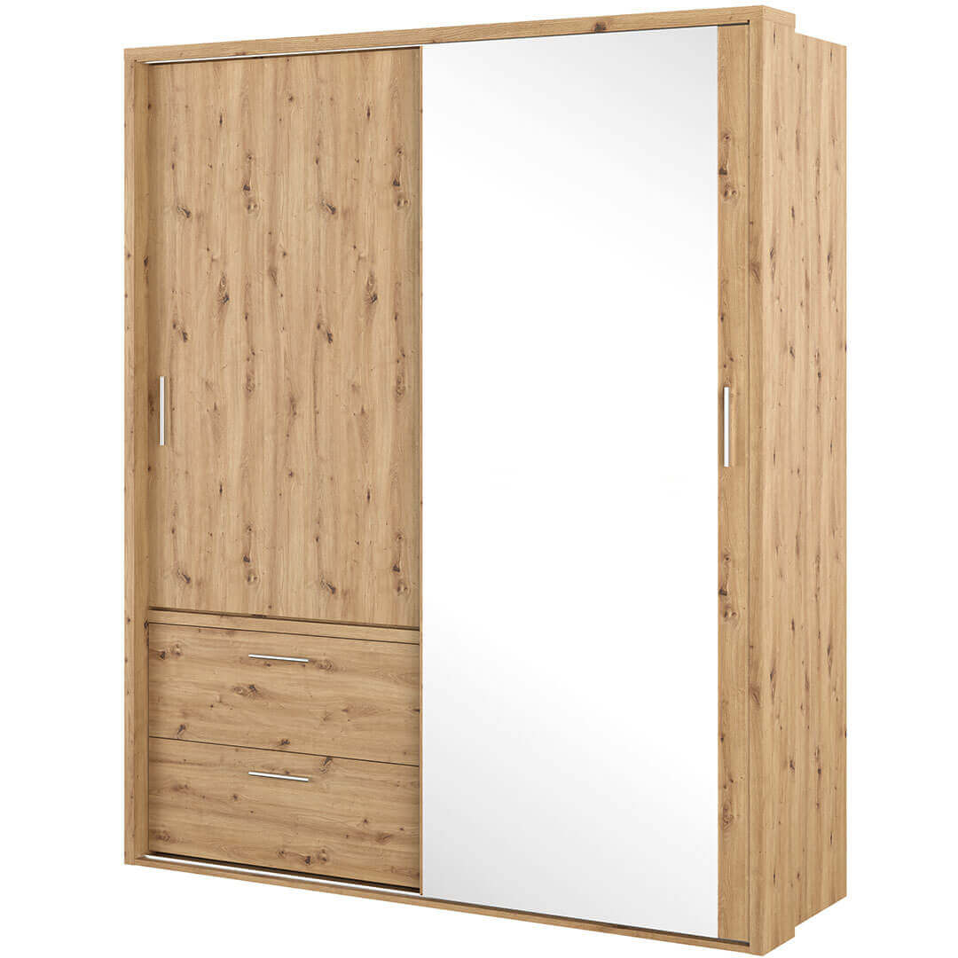 Kleiderschrank AR22, Schwebetürenschrank mit Spiegel, Schubladen und LED, Breite 180cm