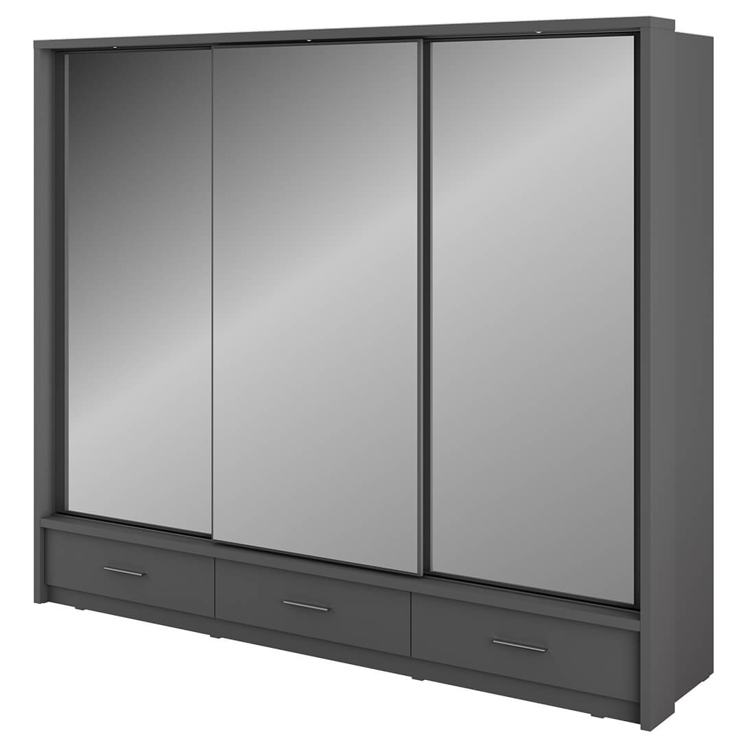 Kleiderschrank AR01-03L, Schwebetürenschrank mit Spiegel und LED Beleuchtung. Breite 250 cm
