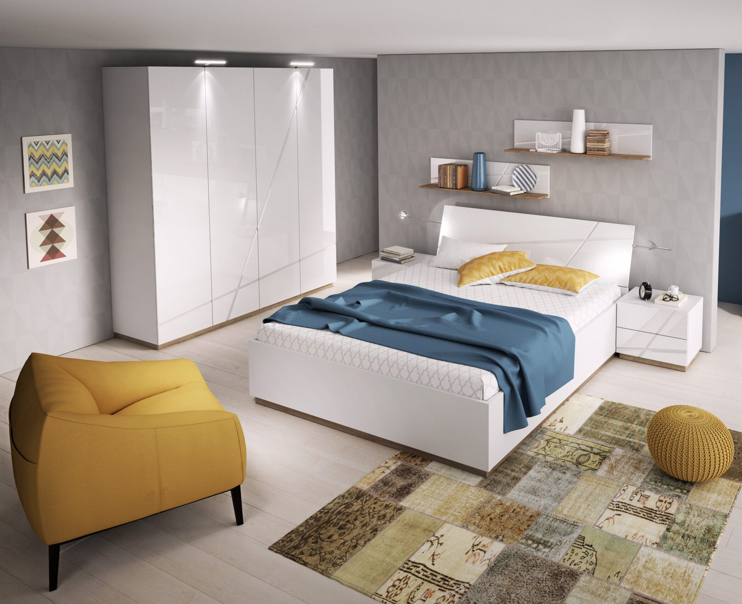 Schlaffzimmer SET FU1, mit Kleiderschrank, Nachttisch und Regale, Push To Open Funktion, Soft Close