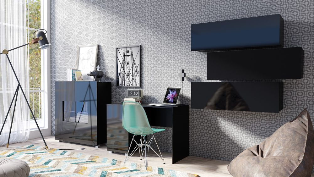 Wohnwand CAL15 mit Schreibtisch und Kommode, Hochglanz/ Matt, Farbe wählbar