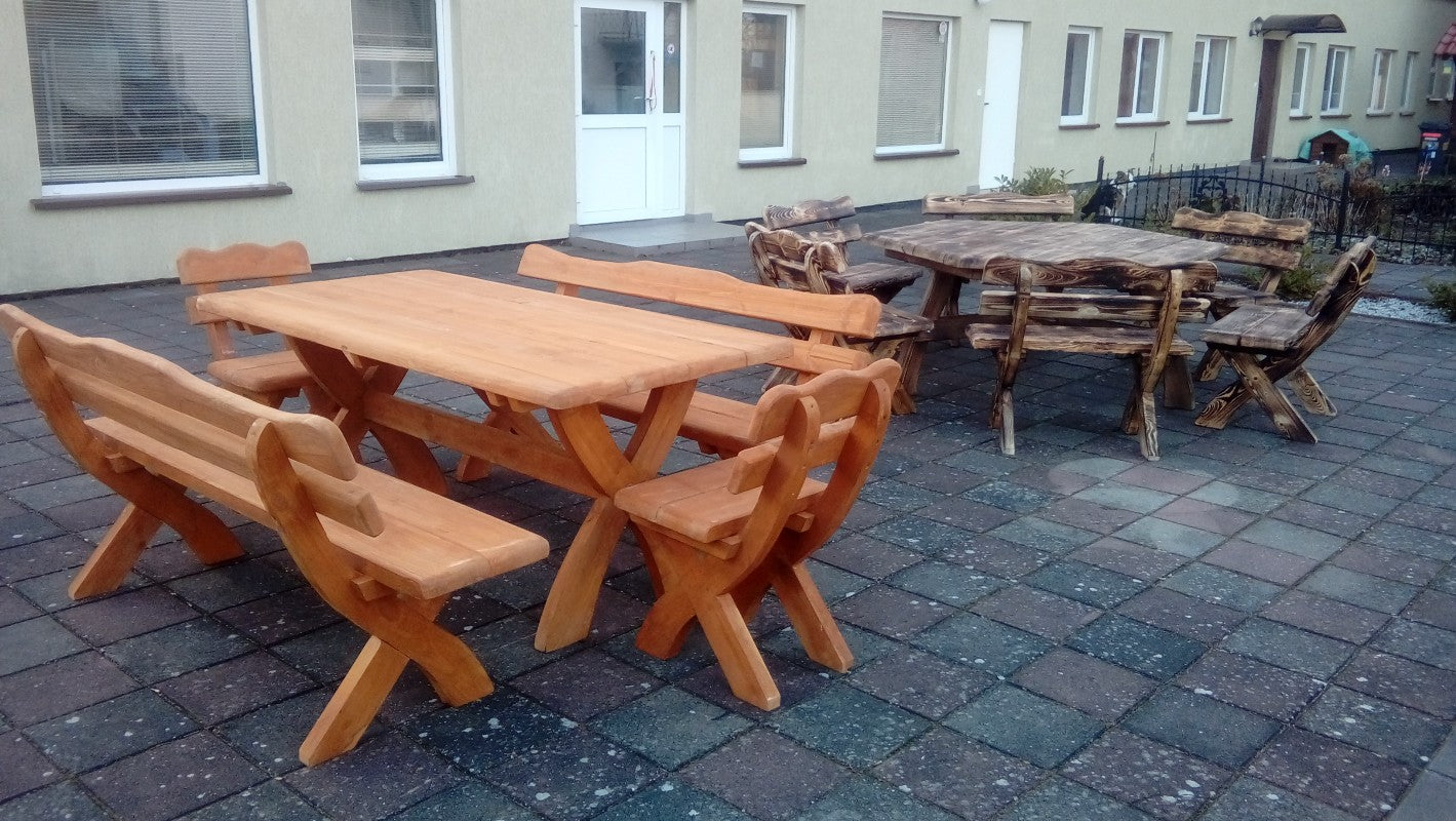 Gartenmöbel, Holzgruppe, Tisch+2xBank+2xStuhl, Farbe-Imprägnierung wählbar
