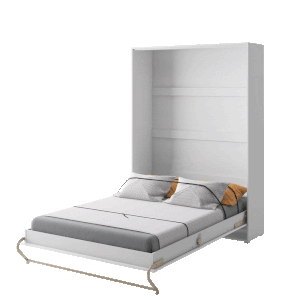 Schrankbett Vertikal 140x200cm mit gepolstertem Rückenteil, Farbe Weiß Hochglanz, Kopfteil Farbe wählbar