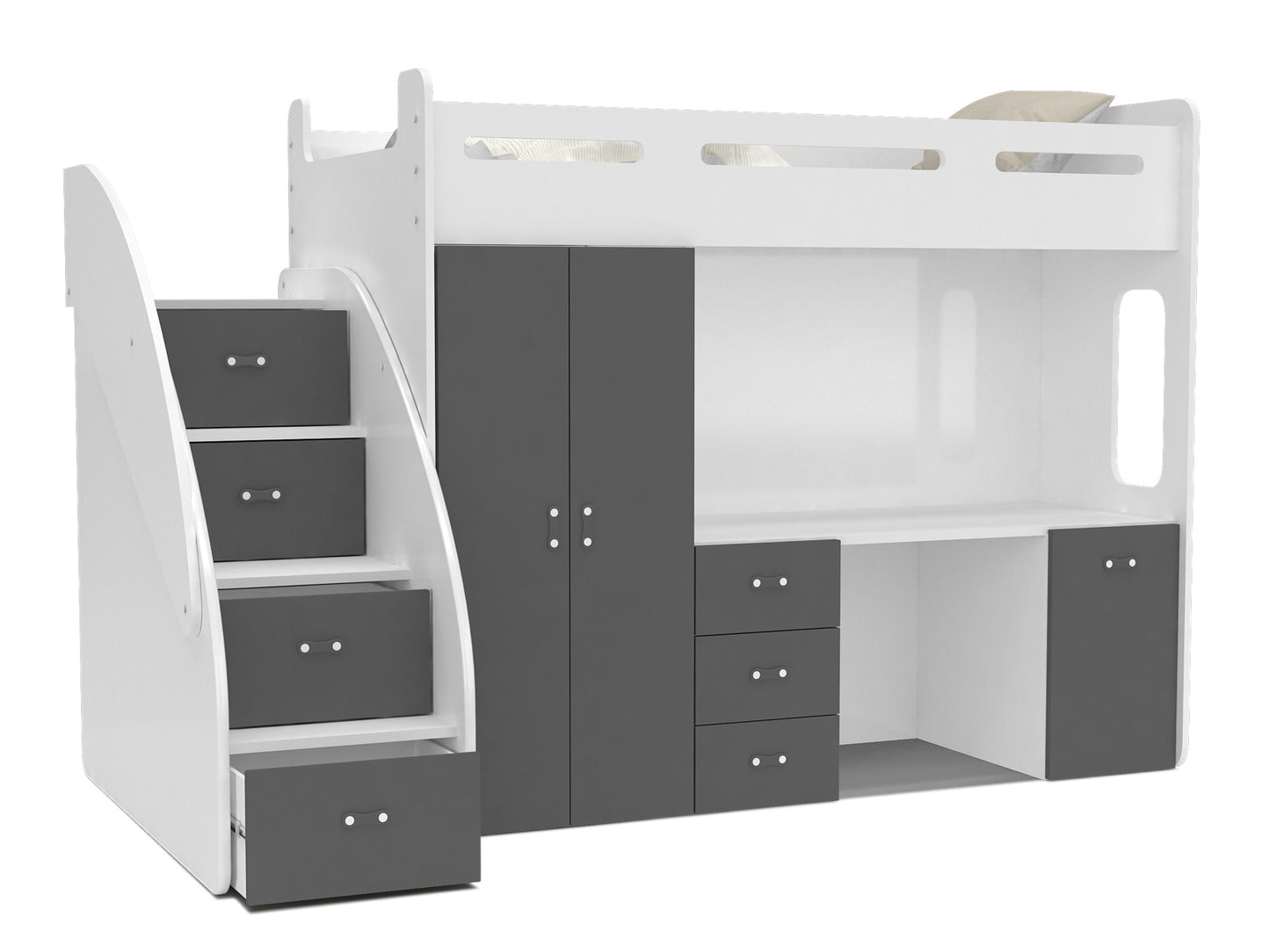 Kinderhochbett ZU Plus, mit Kleiderschrank und Schreibtisch, 80x200 cm, Farbe wählbar