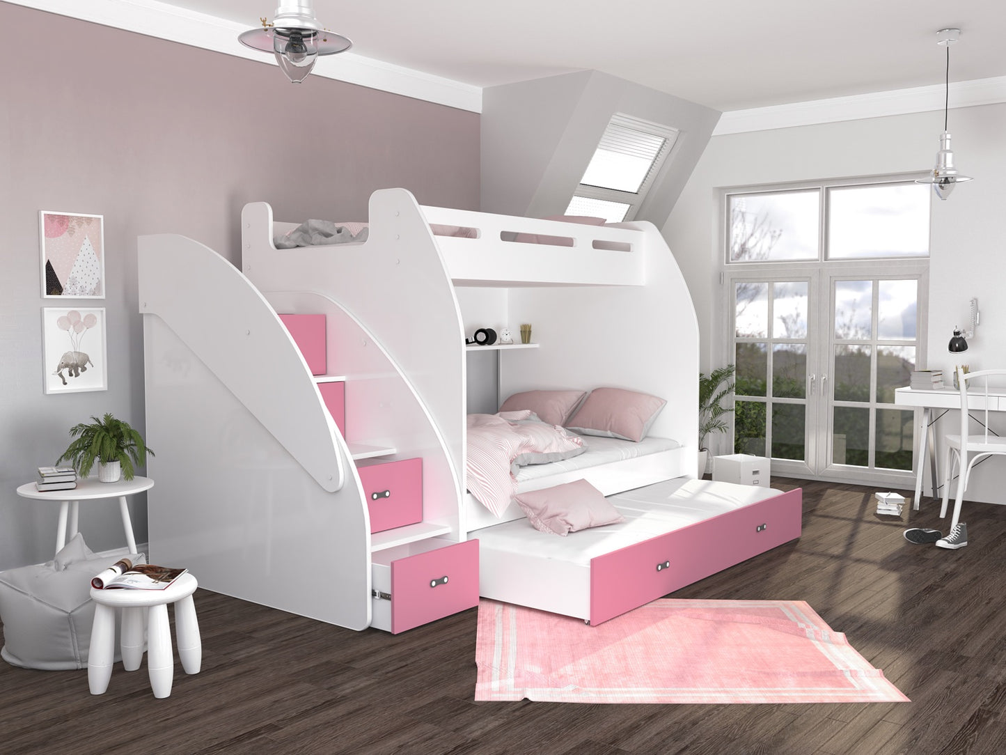 Kinder- und Jugendbett, Hochbett ZU mit Matratze für 3 Kinder , Farbe wählbar