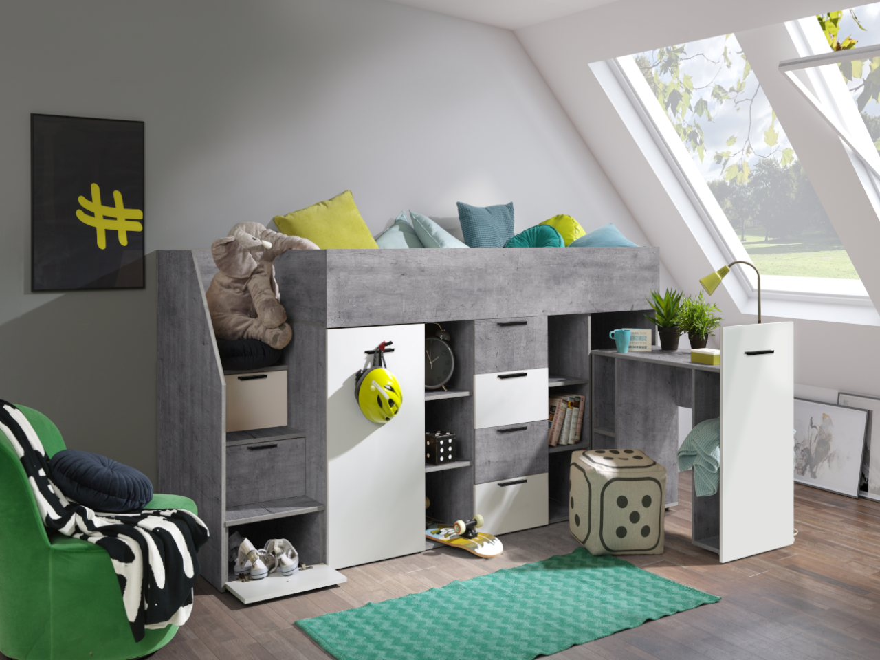 Kinderbett KON3-L, Hochbett mit Schreibtisch , Schrank und Schubladen