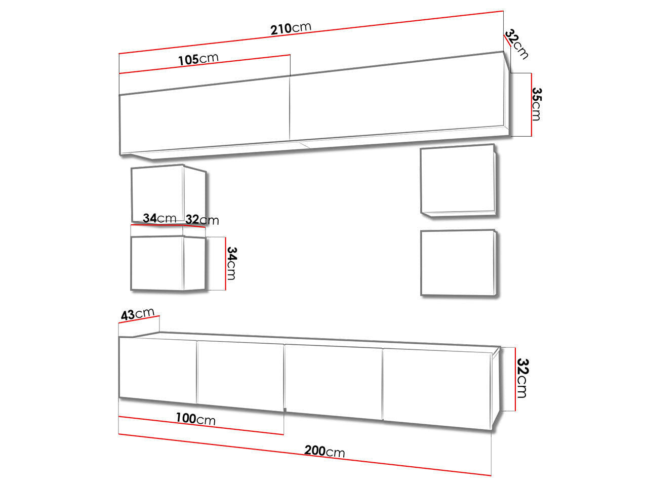 Wohnwand CAL16, Breite 210 cm , Ohne Griffe, Farbe wählbar