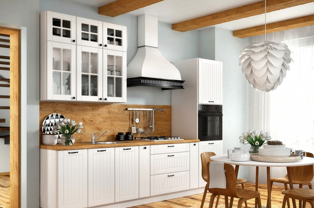 Küchenzeile LE-LO 290 cm , mit Küchenauszug und XL-Hängeschranke,Landhausstil, Soft Close Funktion
